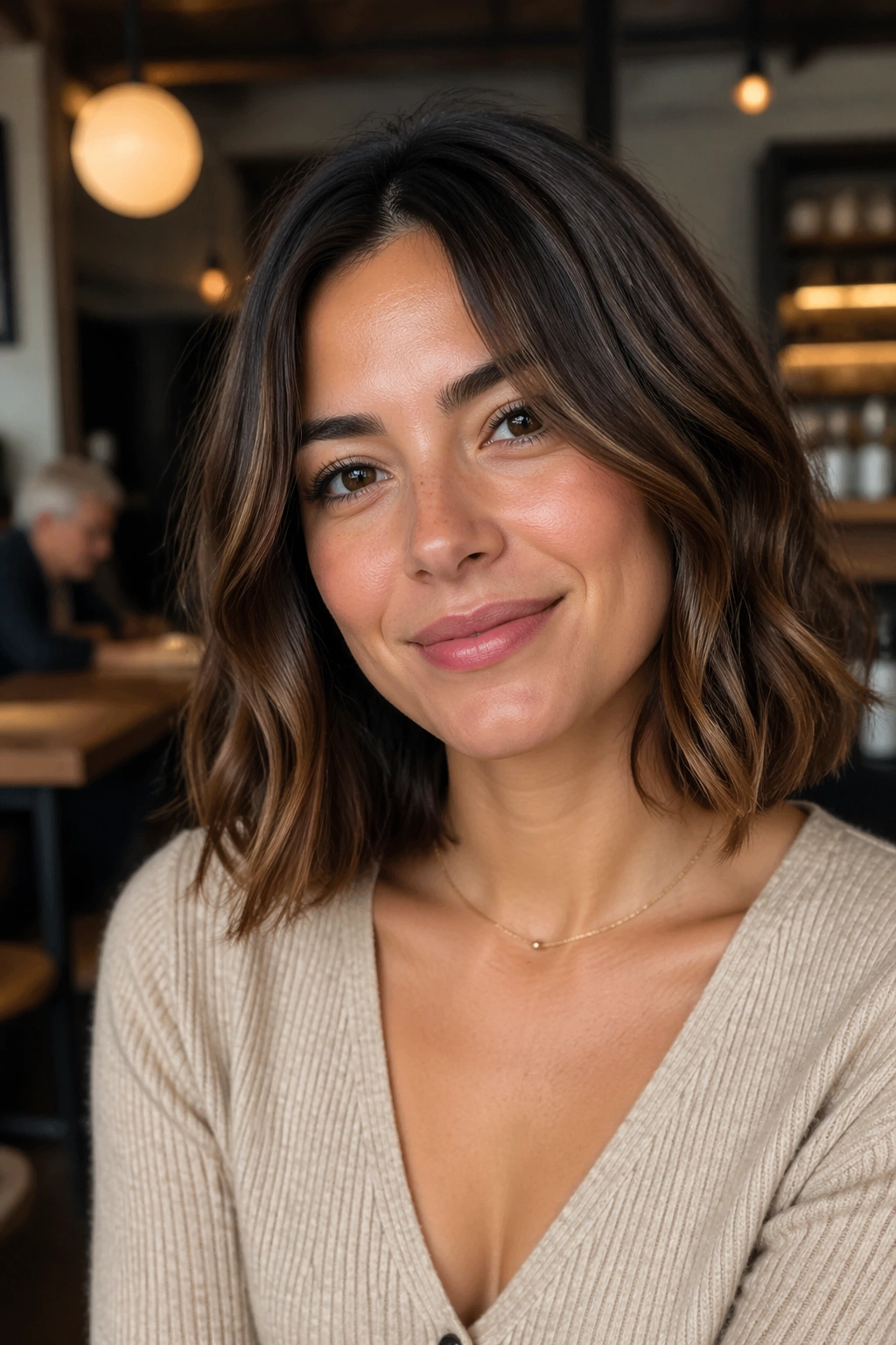 Close-up portrait of a real woman with blunt wavy lob and soft ends