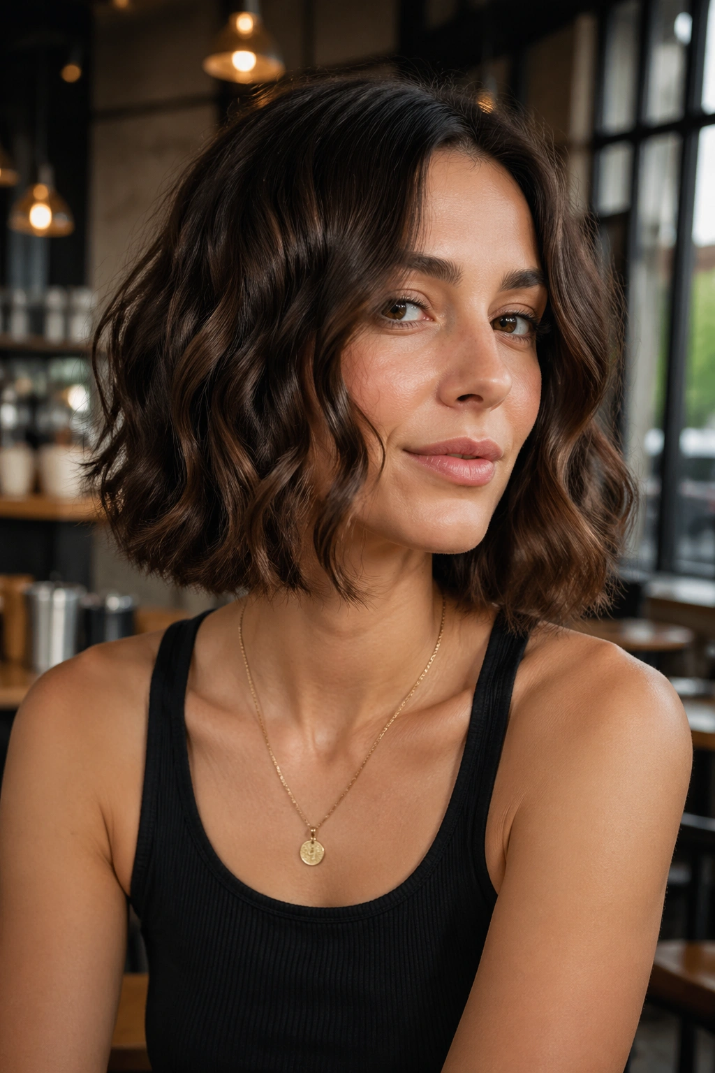 Close-up portrait of a real woman with a blunt lob and bouncy waves