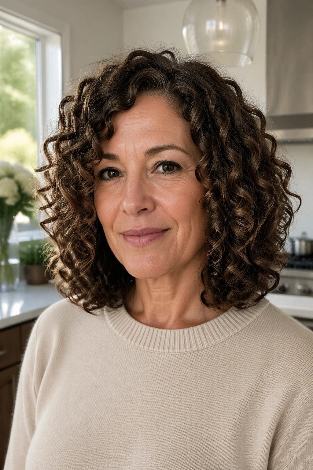 Portrait of a real woman with blunt mid-length curls in a bright kitchen