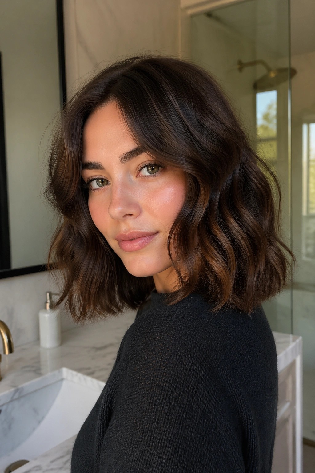 Close-up portrait of a real woman with Blunt Perimeter Cut showing a sharp bottom edge