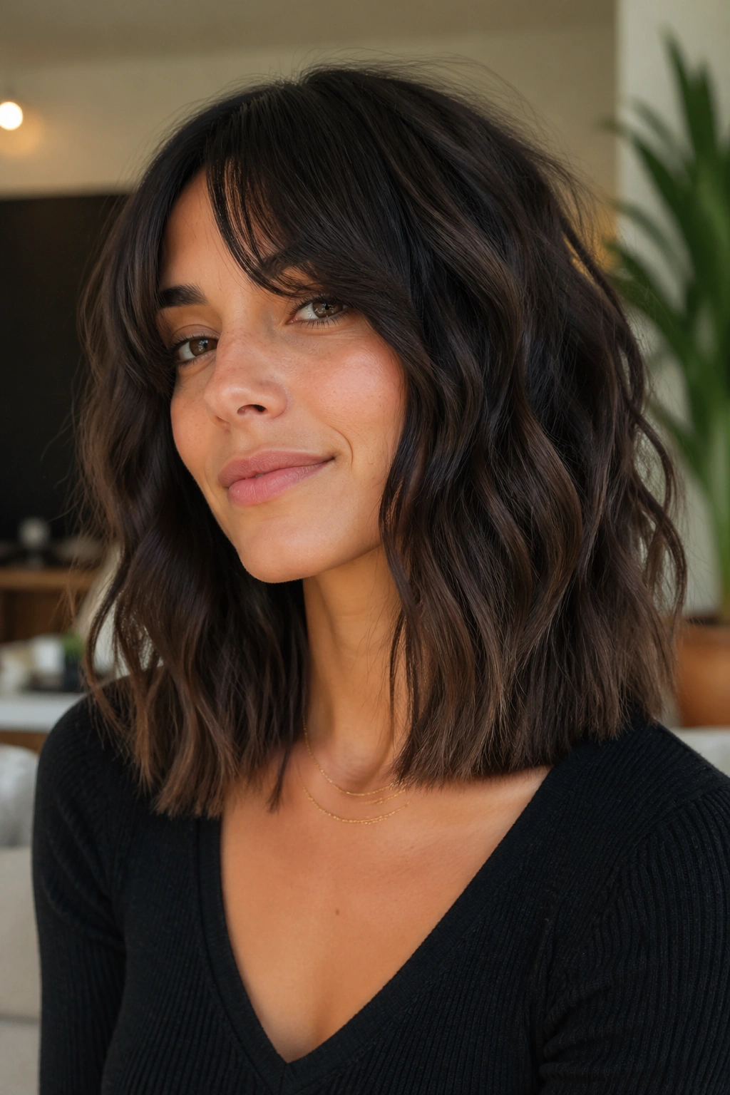 Close-up portrait of a real woman with blunt-perimeter shag and blunt bottom edge
