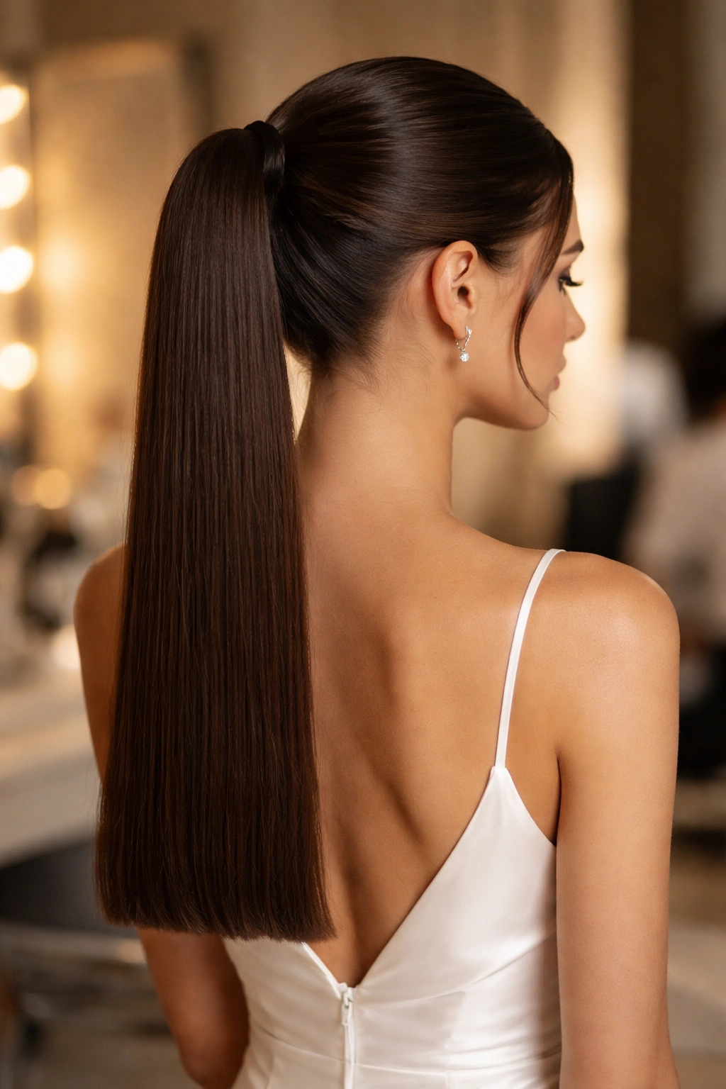 Close-up of a blunt-end glossy ponytail on a real person in a dressing room.