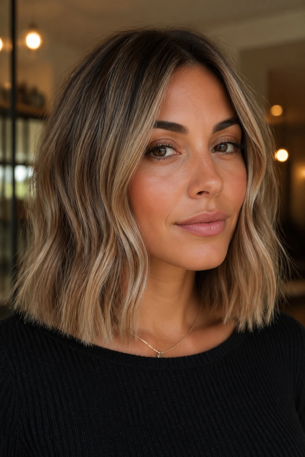 Portrait of a woman with a blunt shoulder-length cut and beige highlights.
