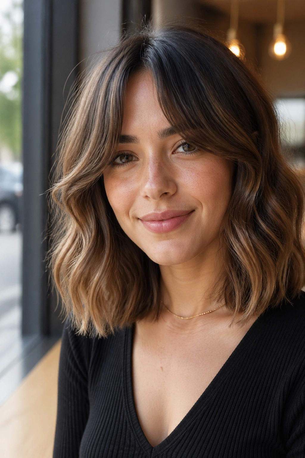 Close-up of a real woman's blunt medium waves with center curtain bangs