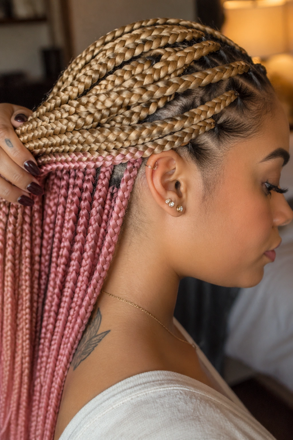 Close-up portrait of a real woman with blush pink underlayer visible beneath golden blonde top braids