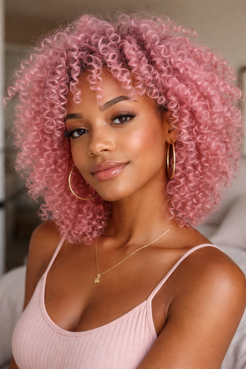 Close-up of blush pink wash-and-go curls on a real woman