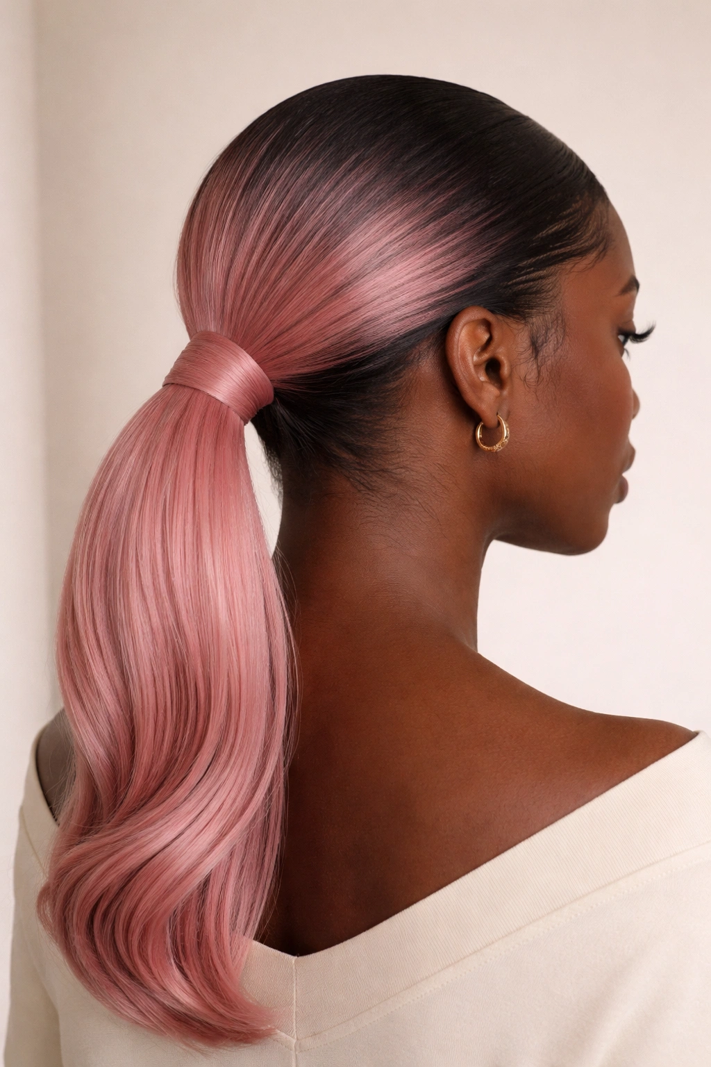 Rear-side view of blush low ponytail with wrapped base