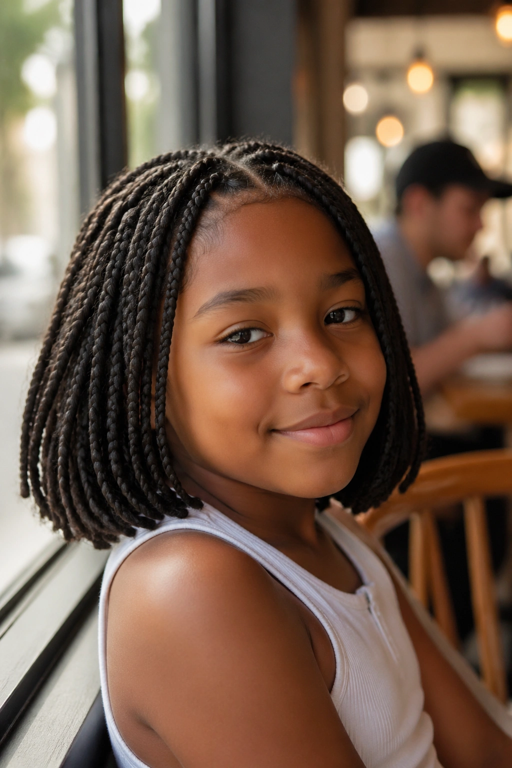 Close-up of a girl with shoulder-length bob box braids in a sunlit cafe