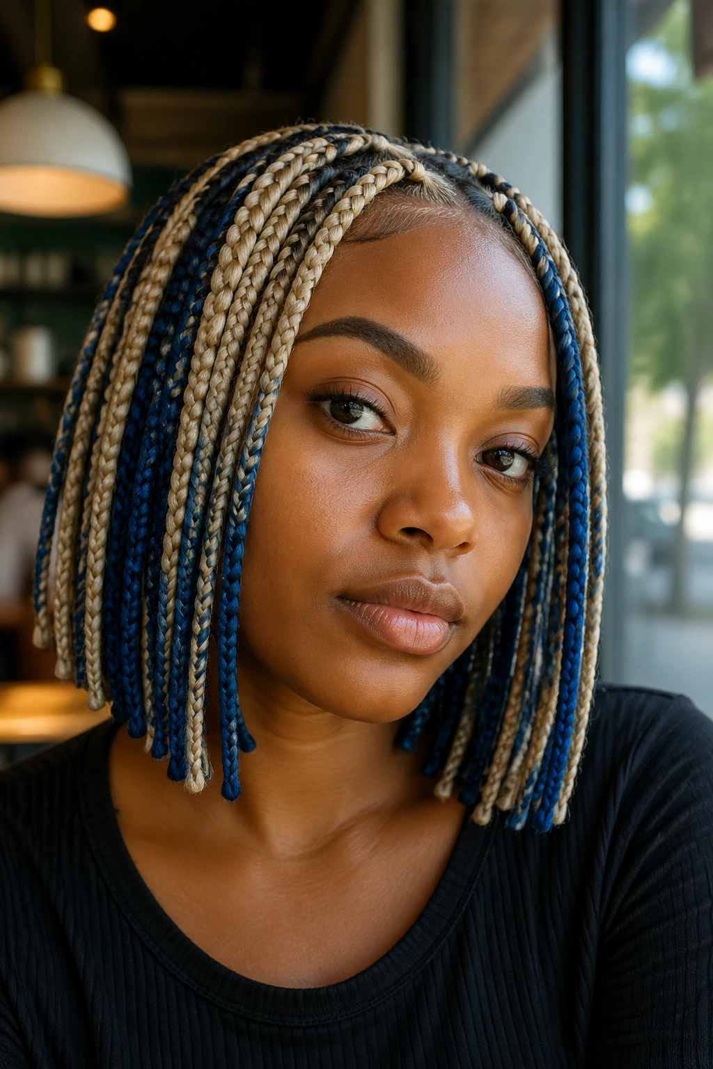 Close-up of shoulder-length blonde and blue bob braids on a real person.