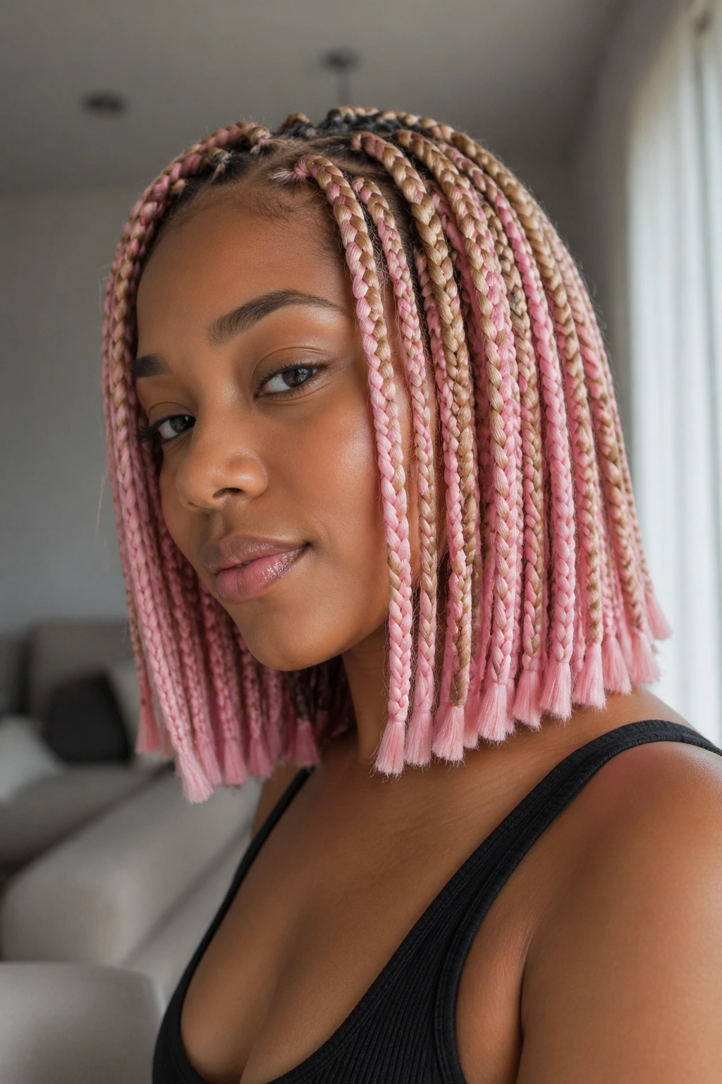 Portrait of real woman with shoulder-length blonde and pink bob braids