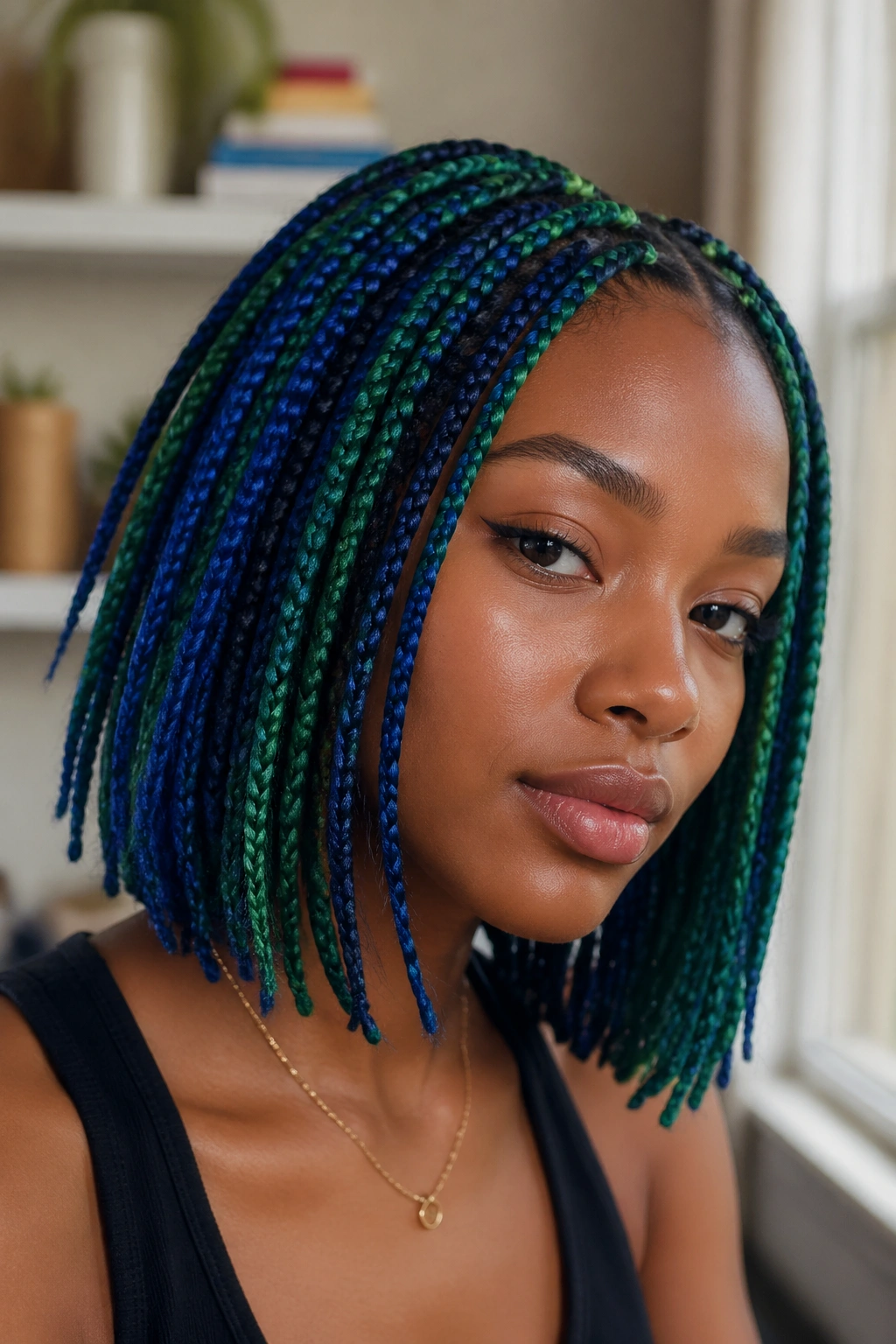Portrait of a real woman with bob-length blue and green box braids framing the face