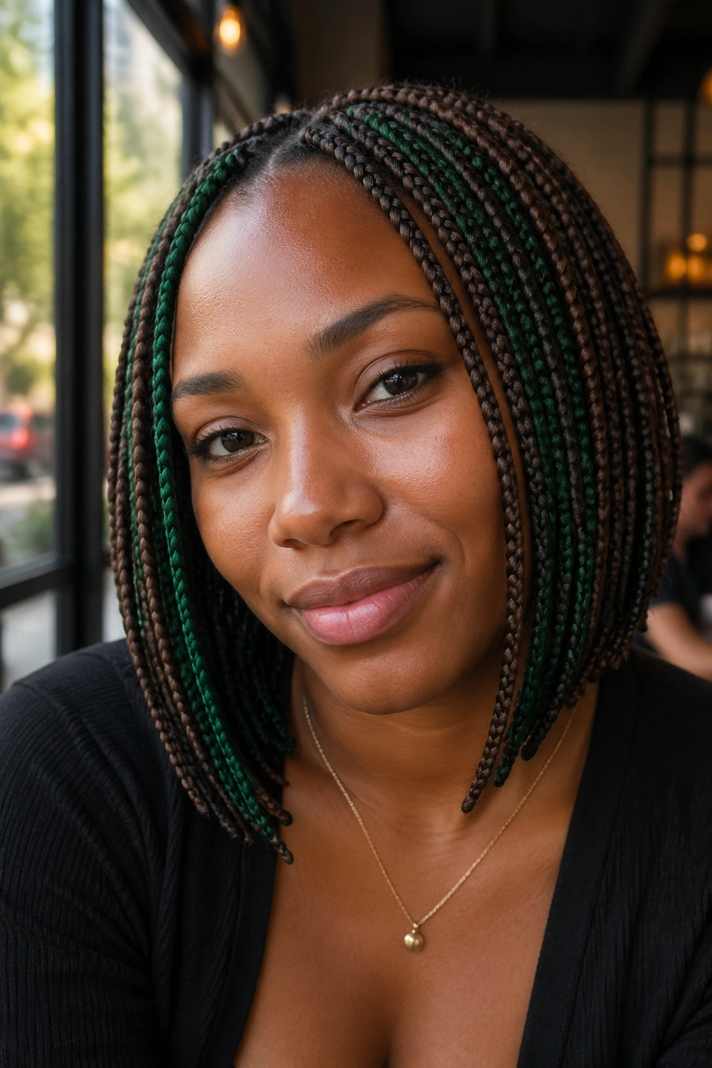 Close-up of a real person with shoulder-length brown and green bob braids