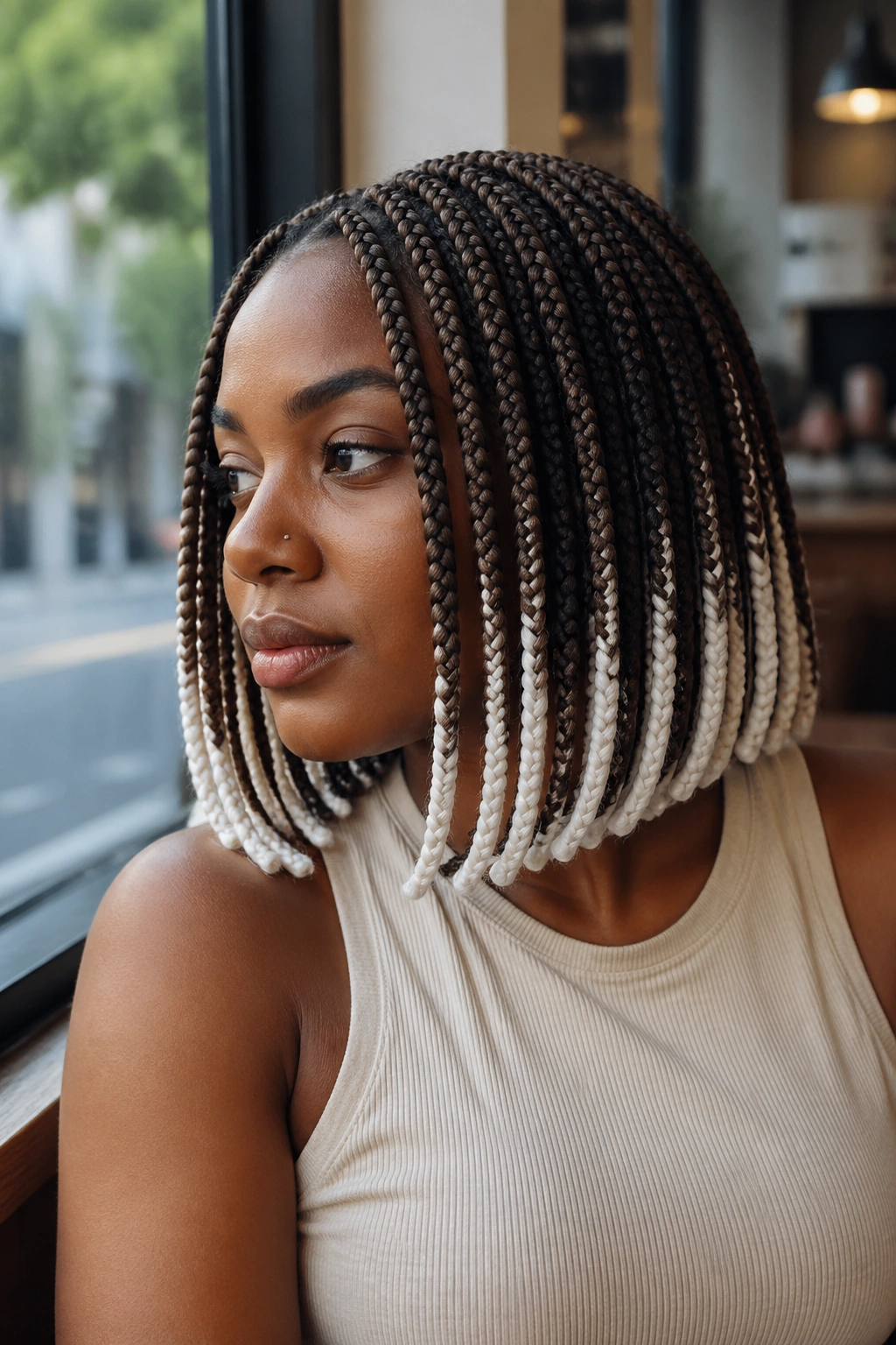 Real woman with shoulder-length brown and white box braids bob in a cafe setting.