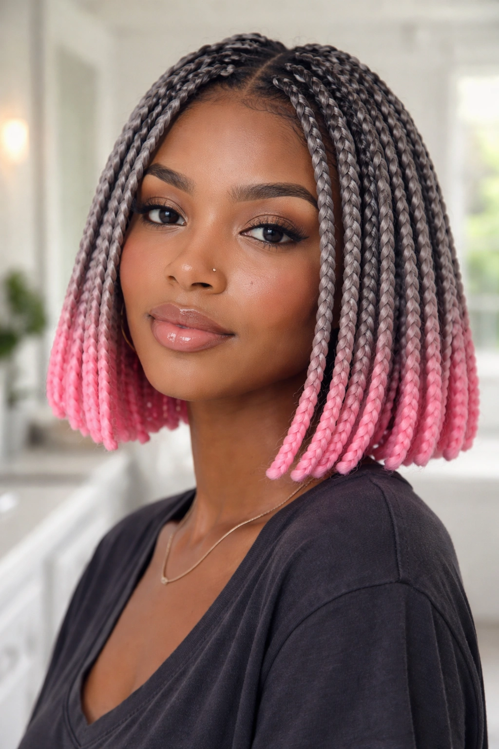 Chin-length grey and pink bob with bubblegum pink ends on a real woman
