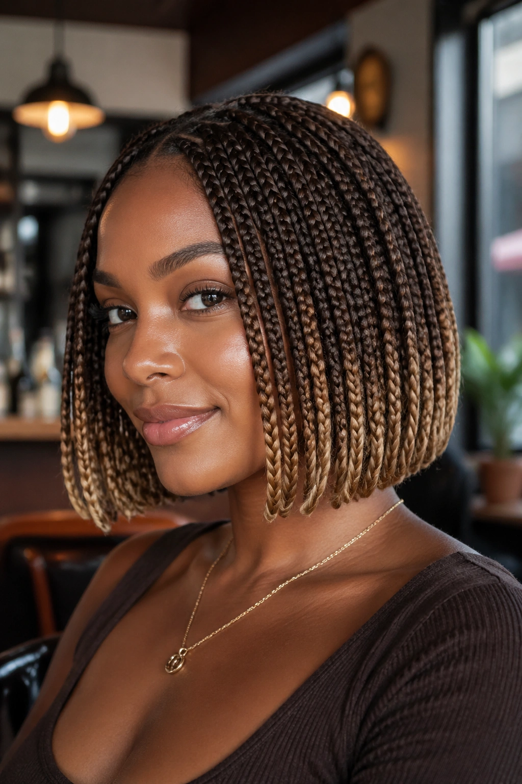 Mocha bob box braids with honey ombré on a real woman, warm cafe lighting.