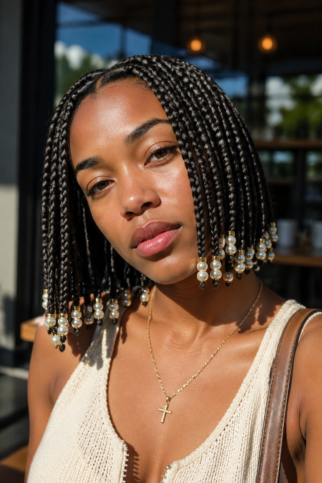 Close-up of a real woman with bob-length knotless braids and pearl beads by a sunlit window