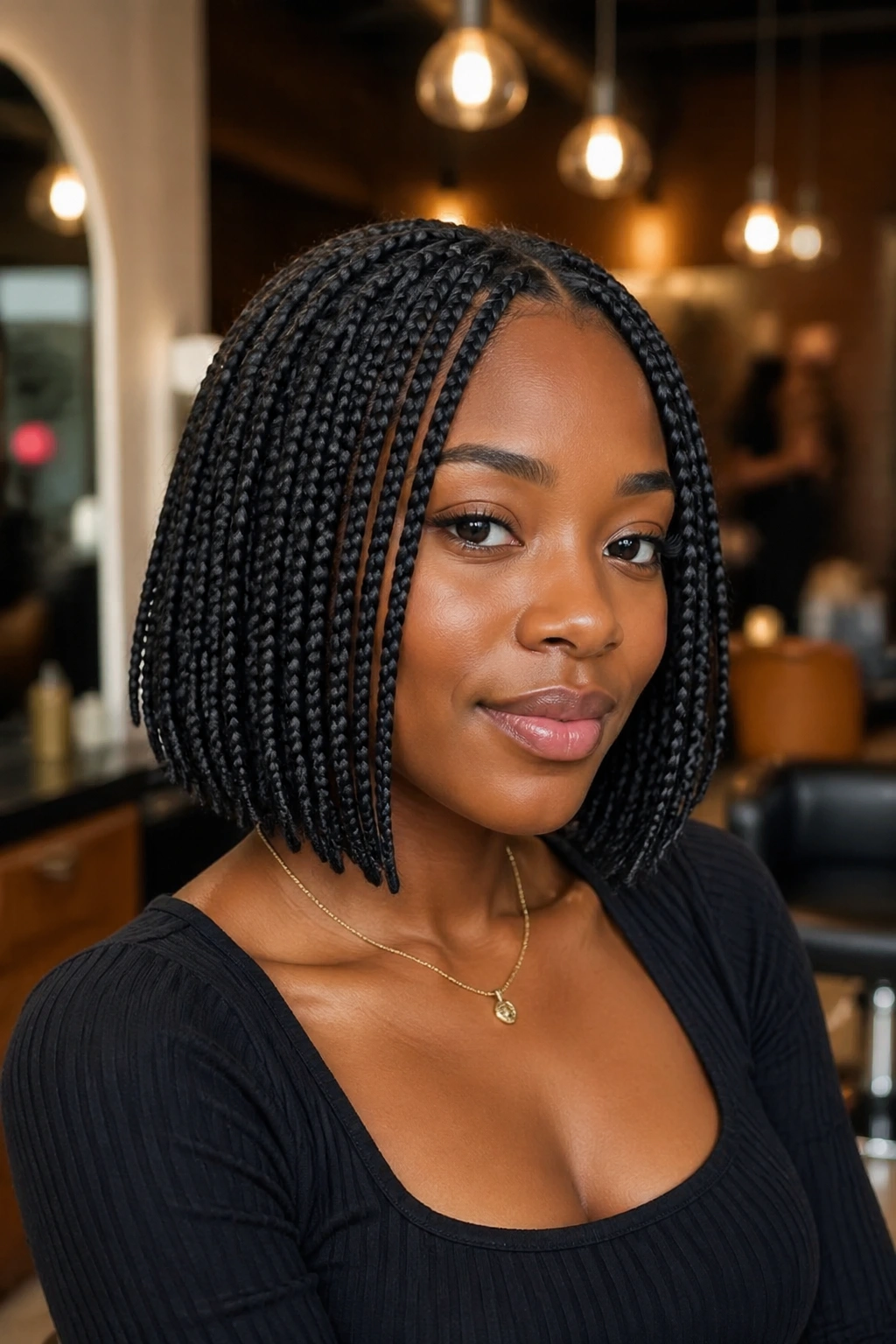 Close-up portrait of a real woman with chin-length bob braids in a salon.