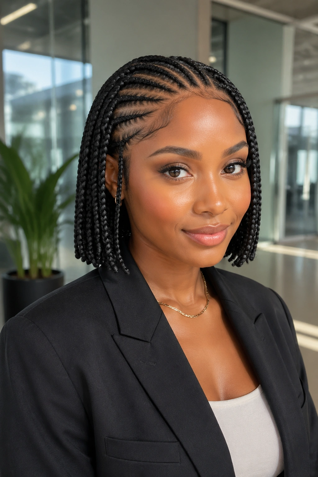 Portrait of a real woman with bob-length box braids and precise cornrows