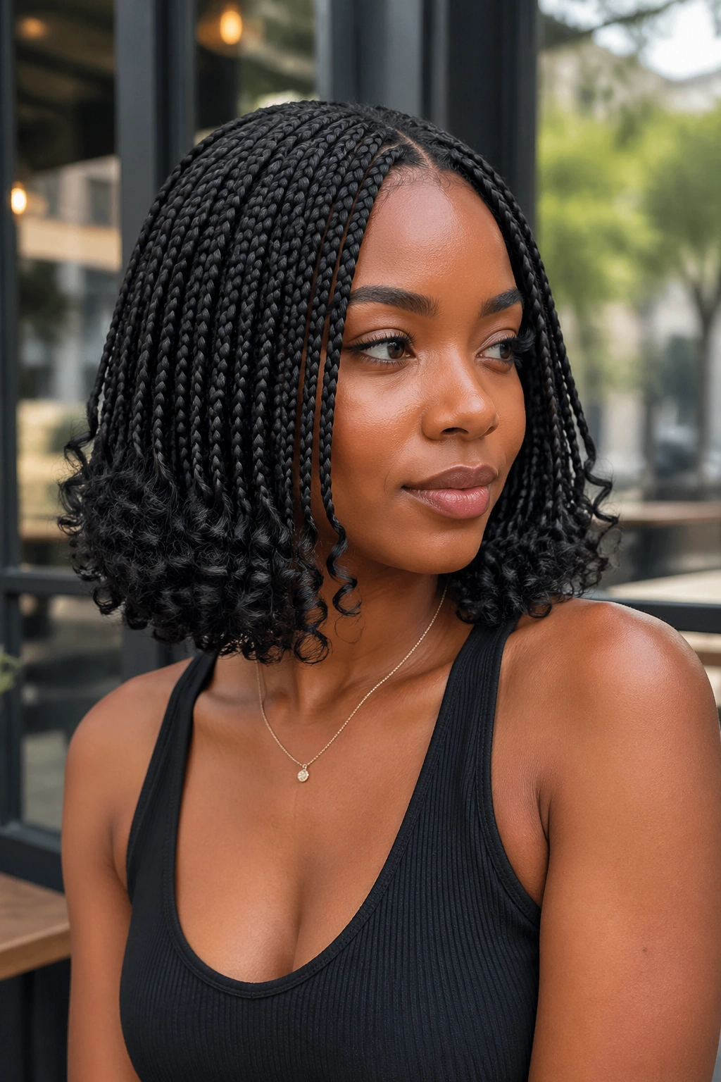 Woman with bob-length box braids that end in curls, in an urban cafe setting