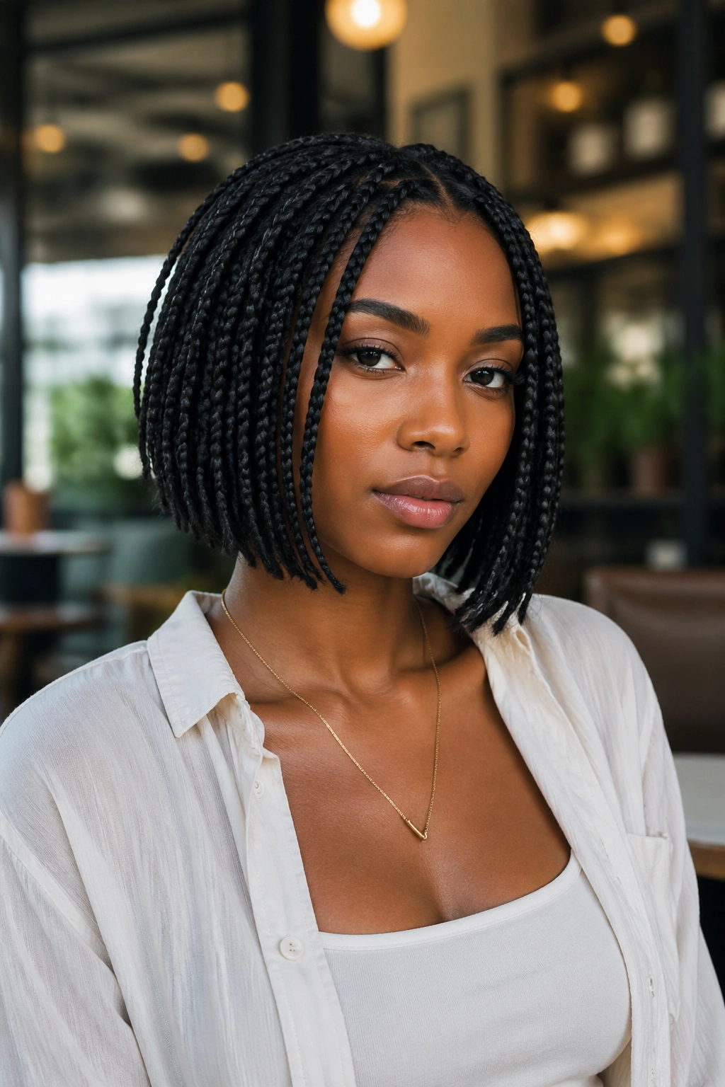 Bob-length box braids on a real person portrait