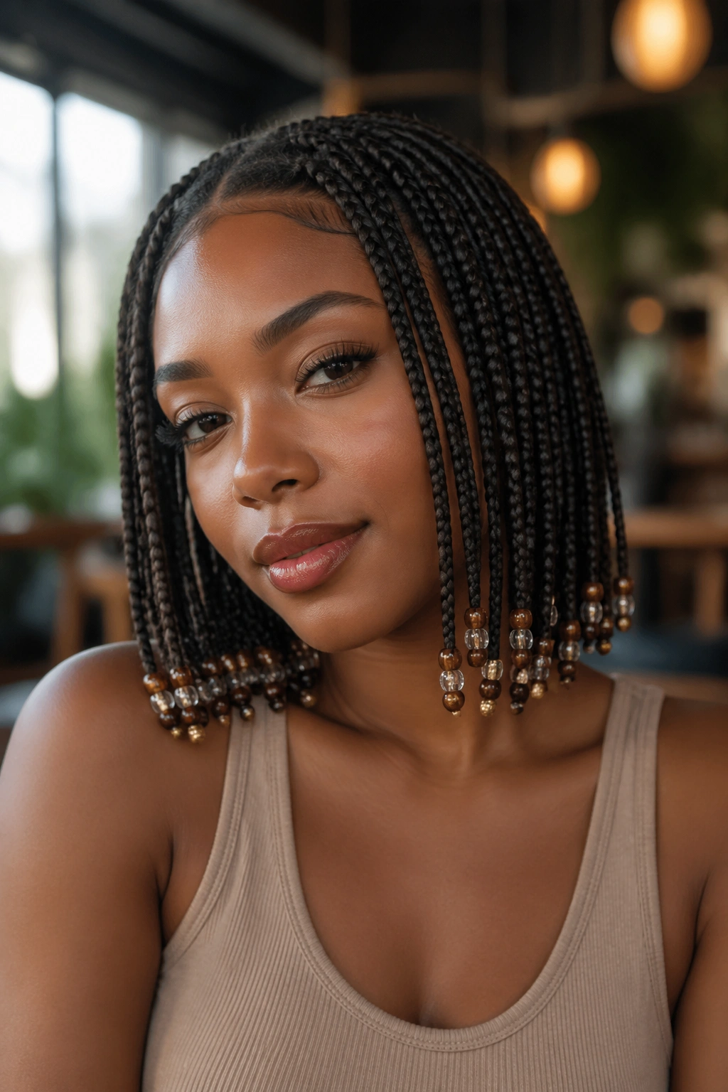 Close-up of a real person with bob-length box braids and end beads.