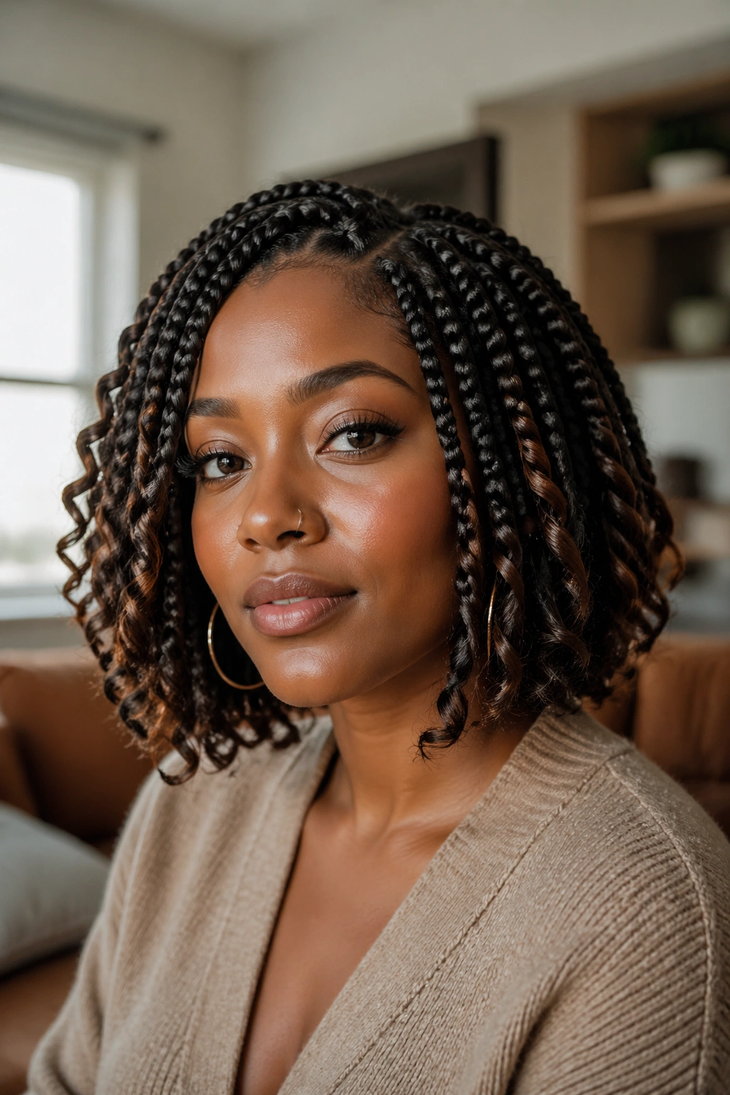 Close-up of jawline-length goddess box braids on a real woman in window light