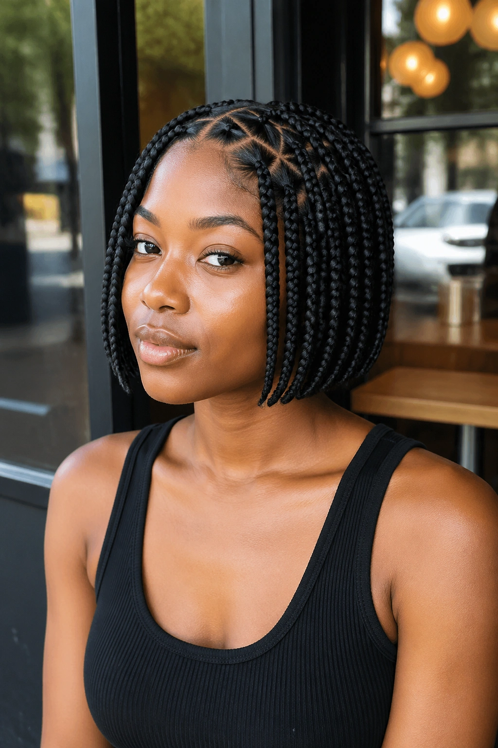 Portrait of bob-length triangle-part box braids resting at the jaw