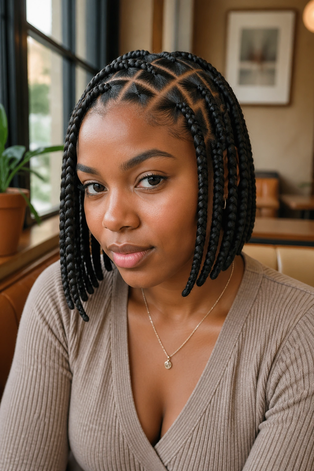Close-up of a real woman with bob-length criss-cross braids around jawline.
