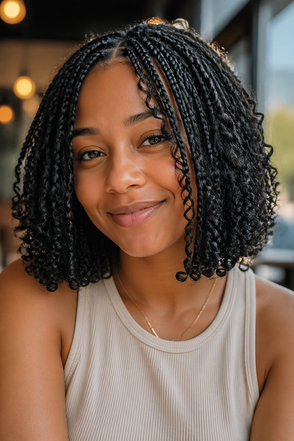 Close-up of real person with bob-length curly box braids at a cafe window