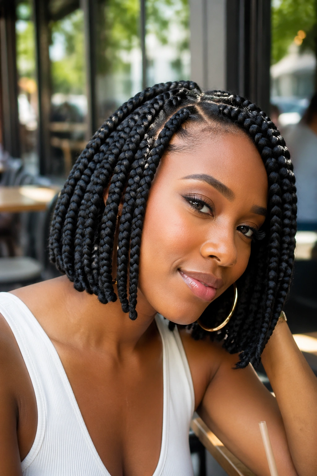 Close-up portrait of real person with bob-length jumbo box braids.