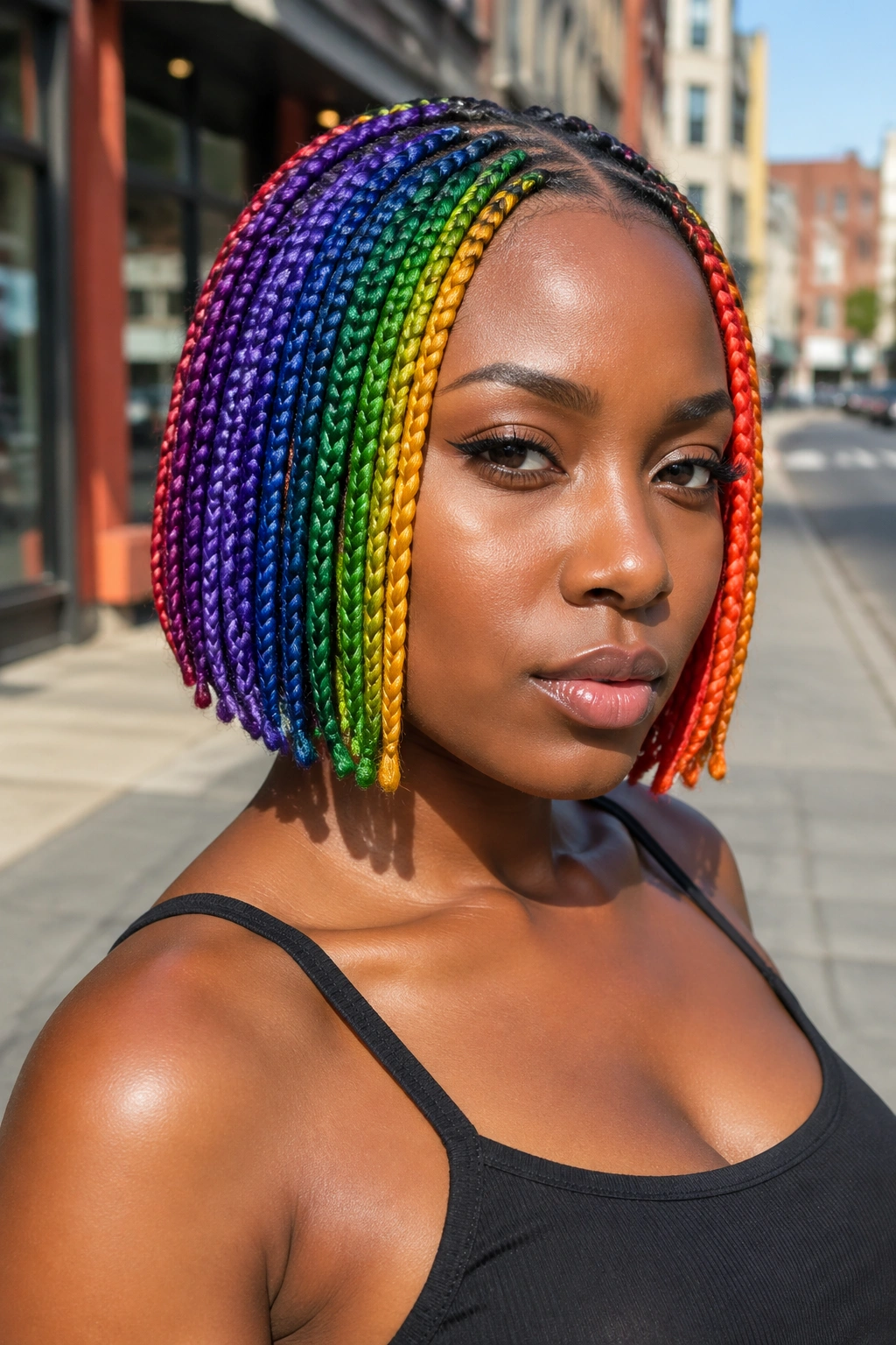 Close-up of a real person with bob-length rainbow box braids on a sunny city street