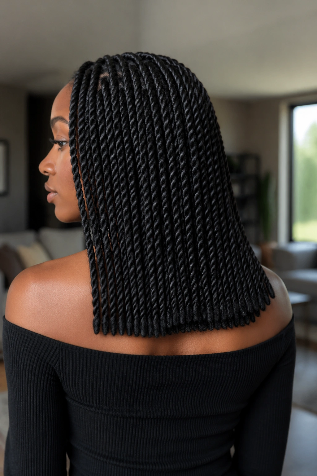 Shoulder-to-mid-back twist braids with blunt ends on a real person