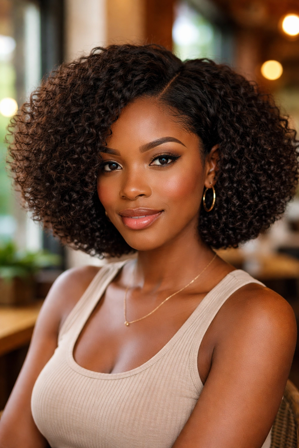 Real woman with natural-part bob, off-center part and crown height