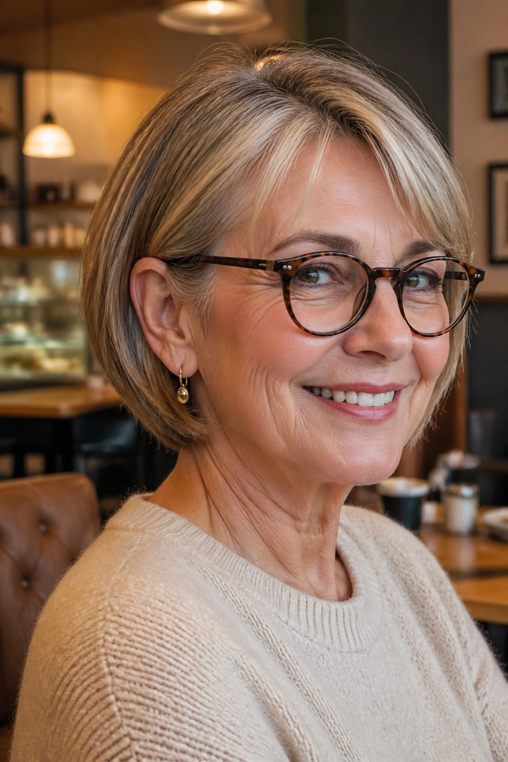 Portrait of a real woman with a bob tucked behind the ear in a cozy cafe setting