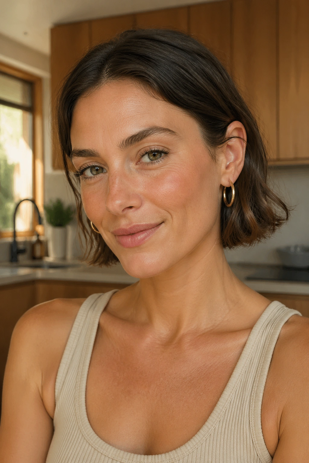 Close-up portrait of a real person with a bob tucked behind the ears in kitchen light