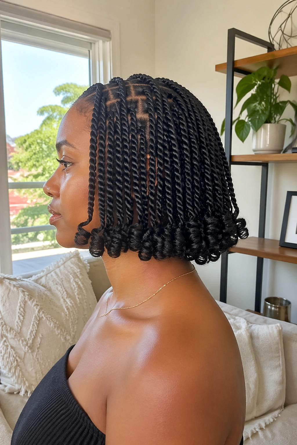 Bob with turned out curly ends side profile in bright room