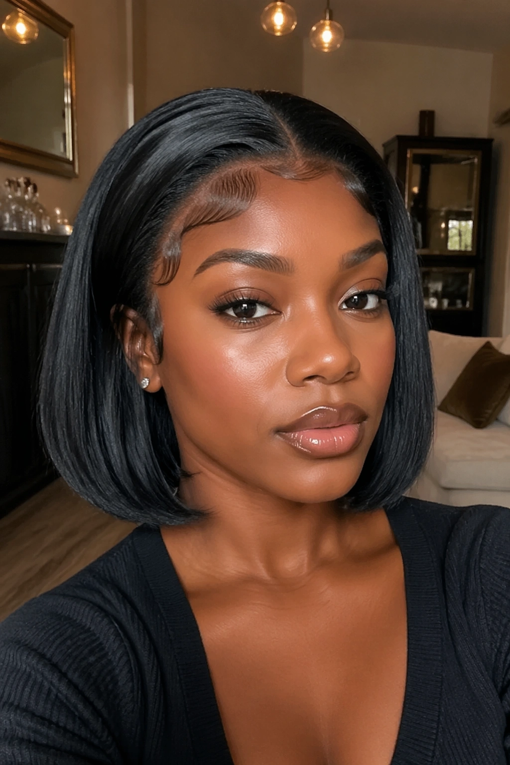 Close-up of a real person wearing a bob wig with afro edges and baby hairs styled at the hairline.