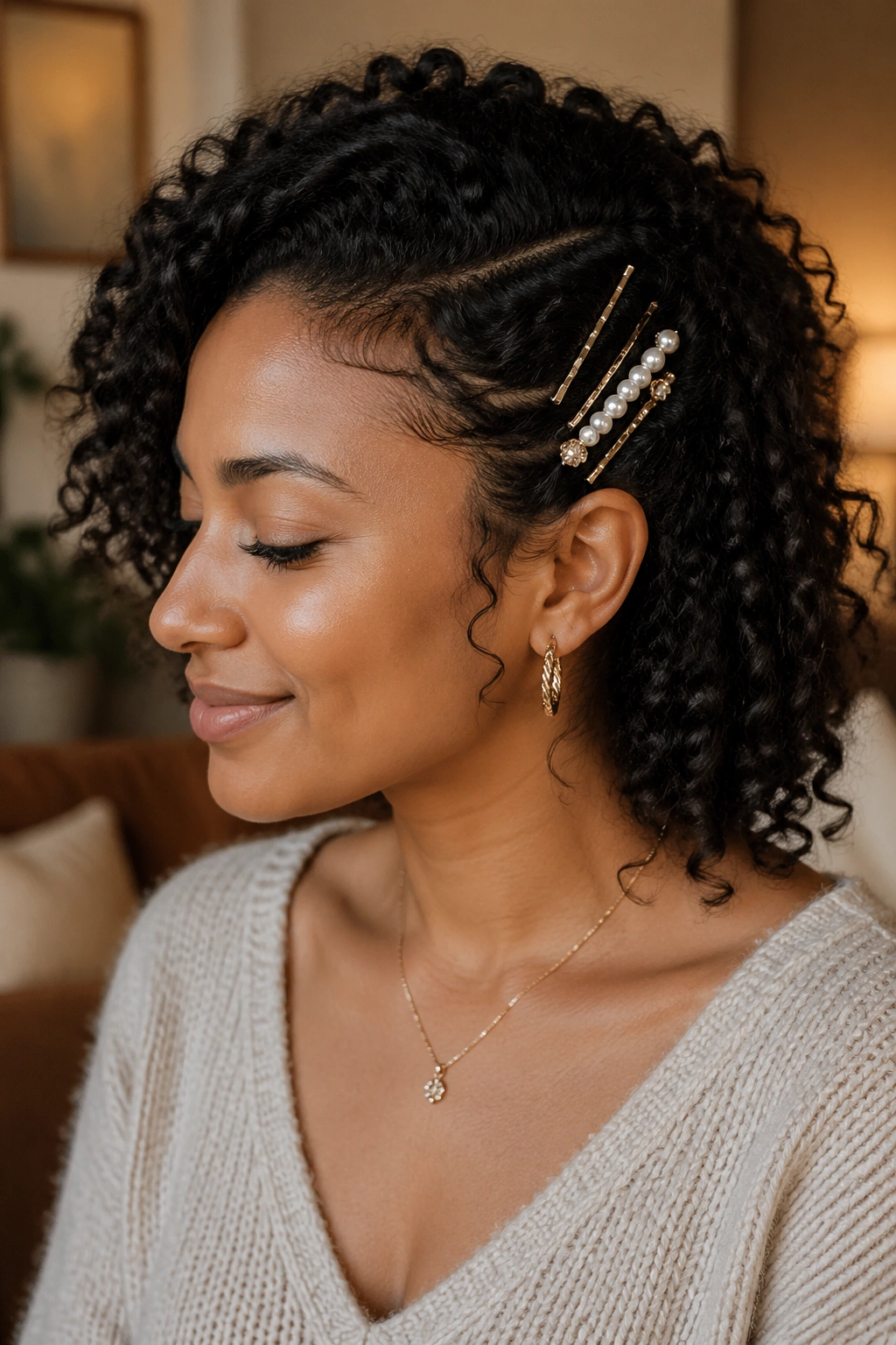 Close-up of a real woman with bobby pin accents styling her curls