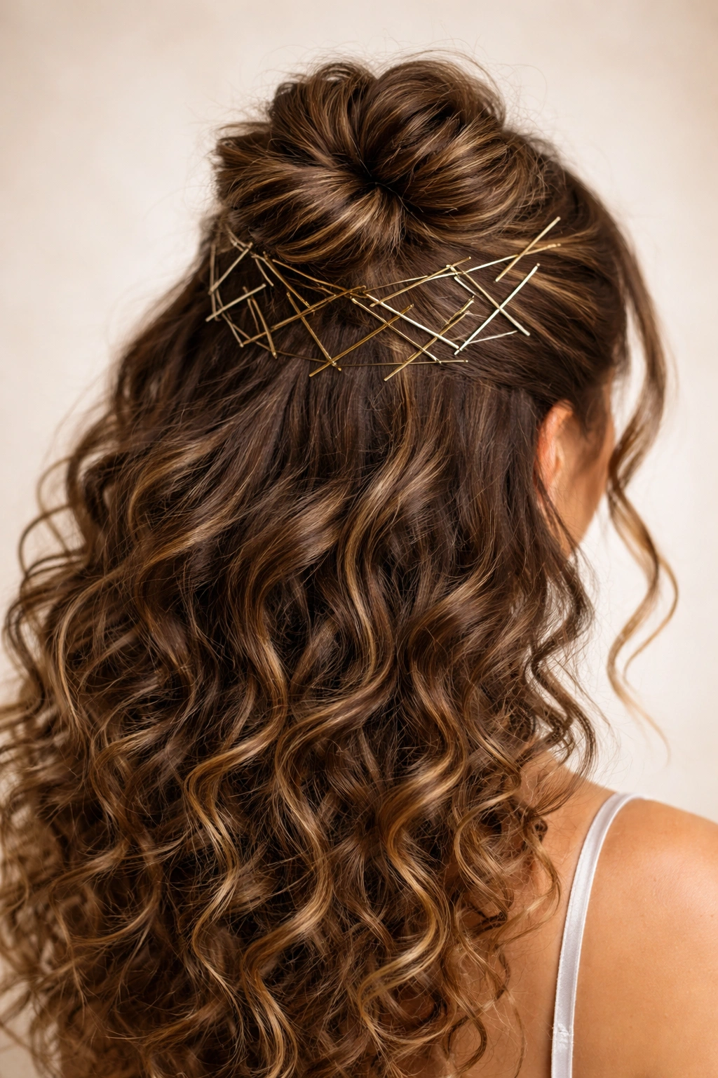 Bun accented with metallic bobby pins arranged in geometric patterns