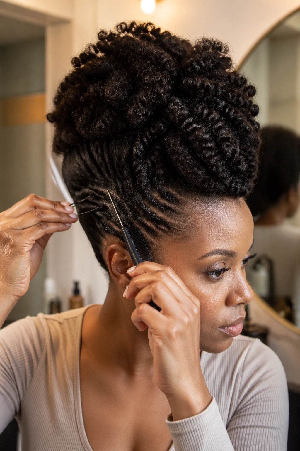 Real person with natural hair updo and hands near hair holding bobby pins and a comb