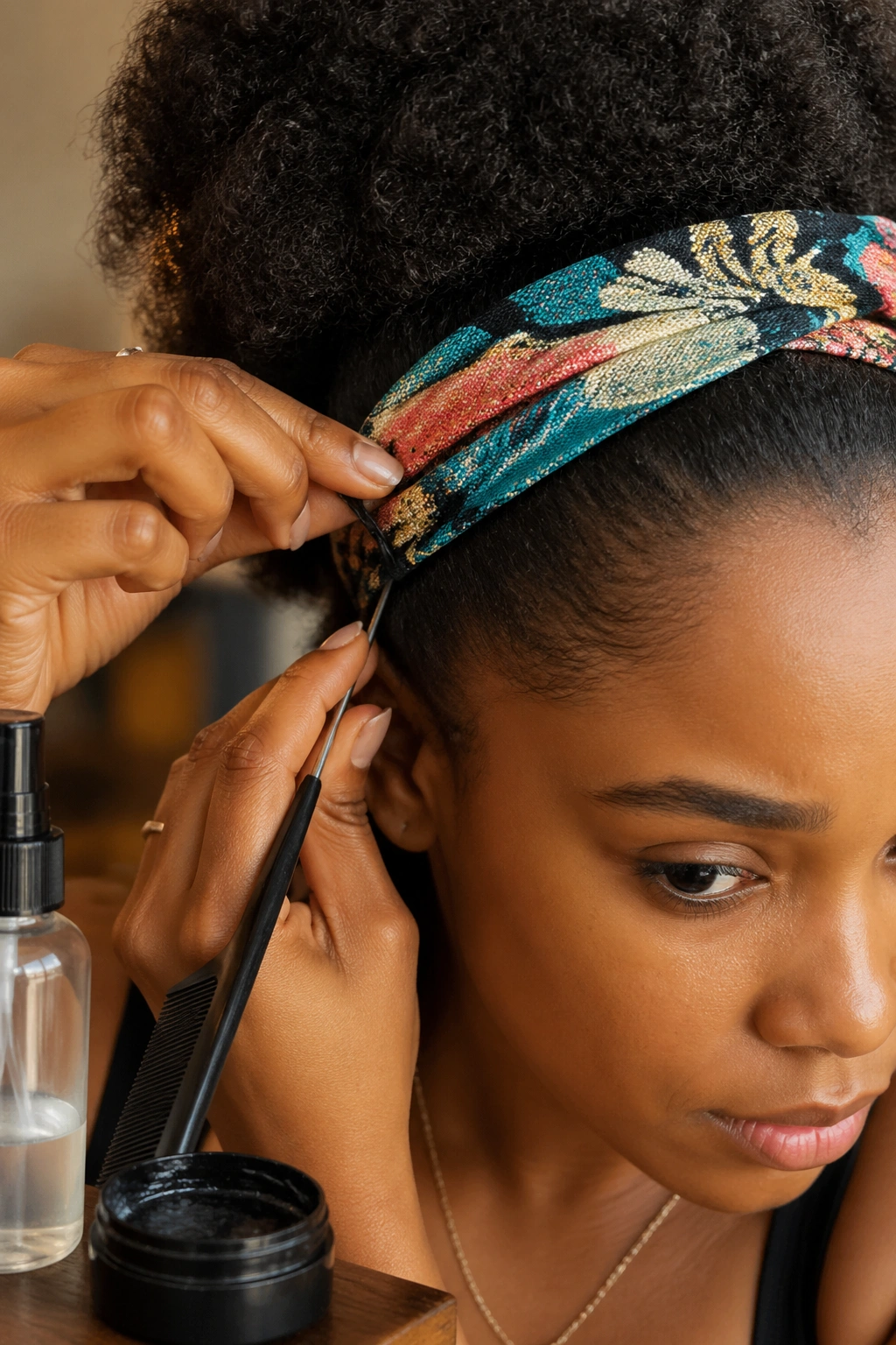 Close-up of tools and headband use to secure Afro hair.
