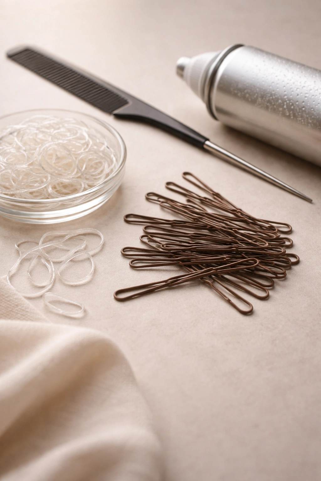 Close-up of matte-finish bobby pins and clear elastic bands for wedding day styling