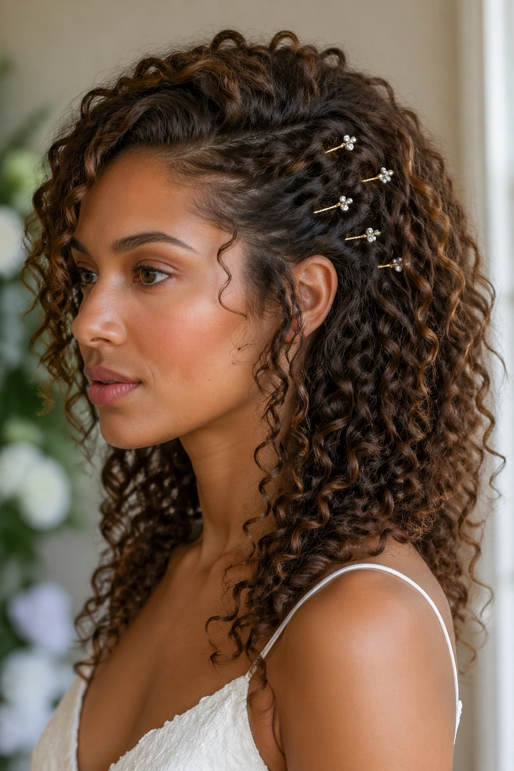 Close-up of a real bride's curls with scattered decorative bobby pins along one side