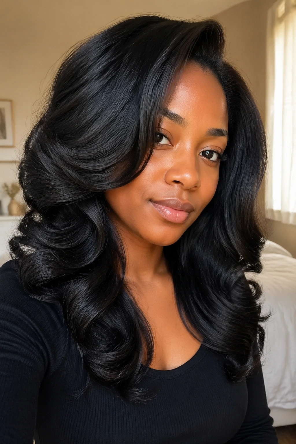 Close-up portrait of a woman with silk-press body curls and lifted roots in warm natural light
