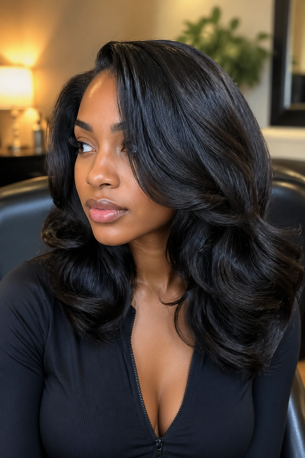 Portrait of a woman with wide body curls on silk-pressed hair.