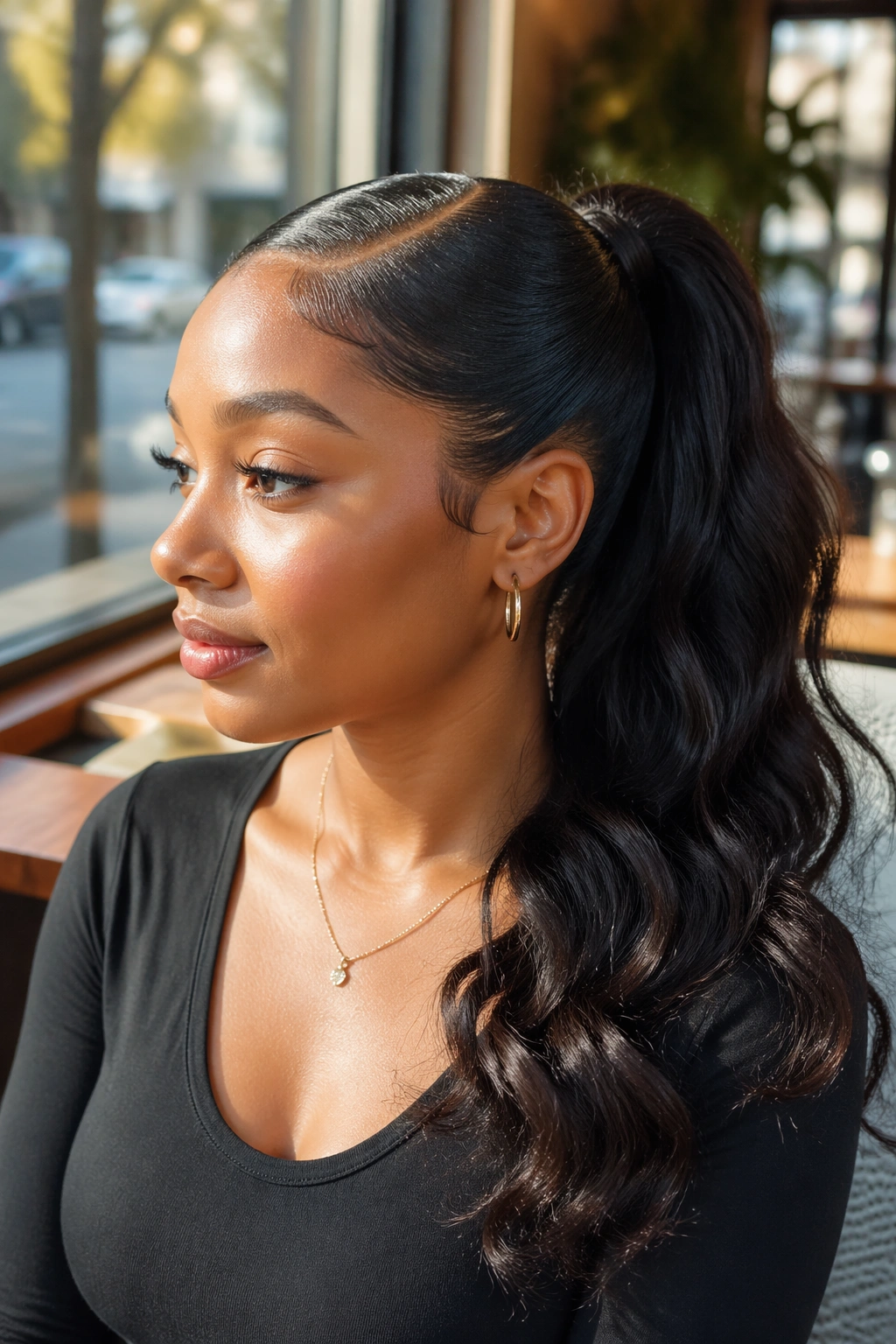 Close-up of a real woman with a mid-height body wave ponytail in a sunlit cafe