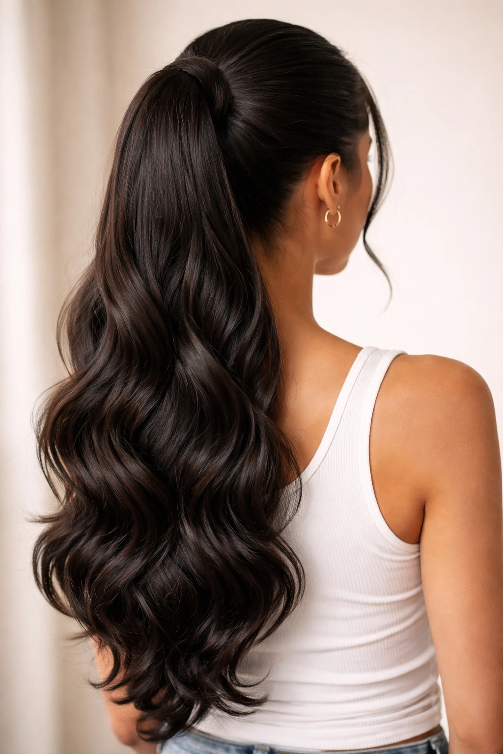 Profile view of a body wave wrap ponytail with soft waves and wrap