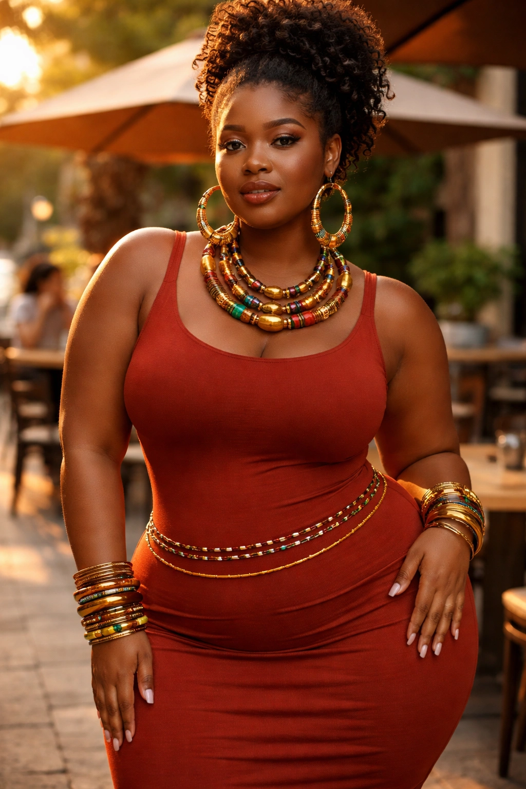 Plus-size model in solid bodycon with bold African accessories outdoors