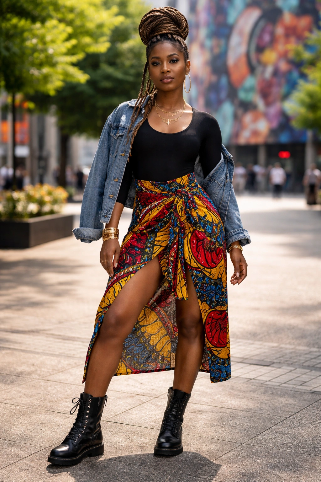 Real woman in black bodysuit and Ankara wrap skirt with leg slit, combat boots, denim jacket in urban setting