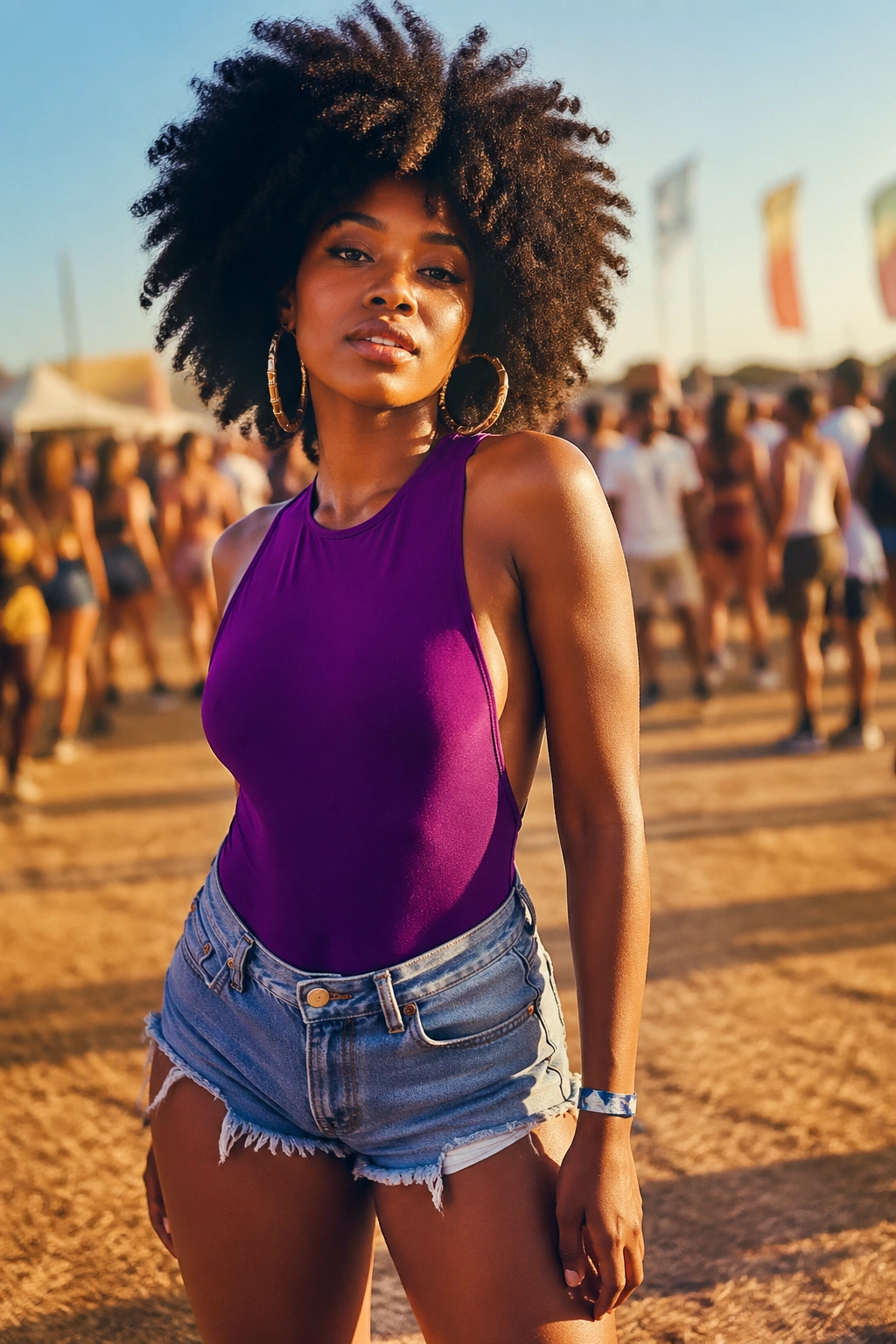 Portrait of a person wearing a bold jewel-toned bodysuit and denim cutoffs at an outdoor festival